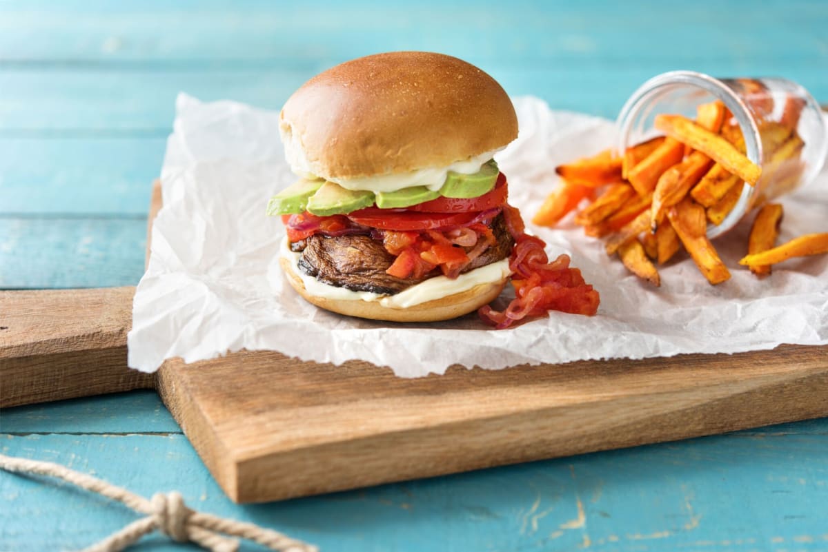 Portobello Burgers And Sweet Potato Fries Recipe Hellofresh