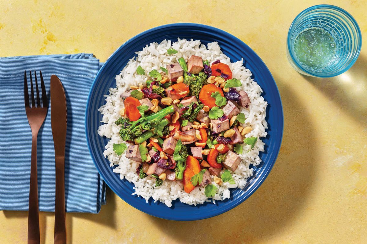 Plum-Glazed Tofu Stir-Fry with Rice and Peanuts