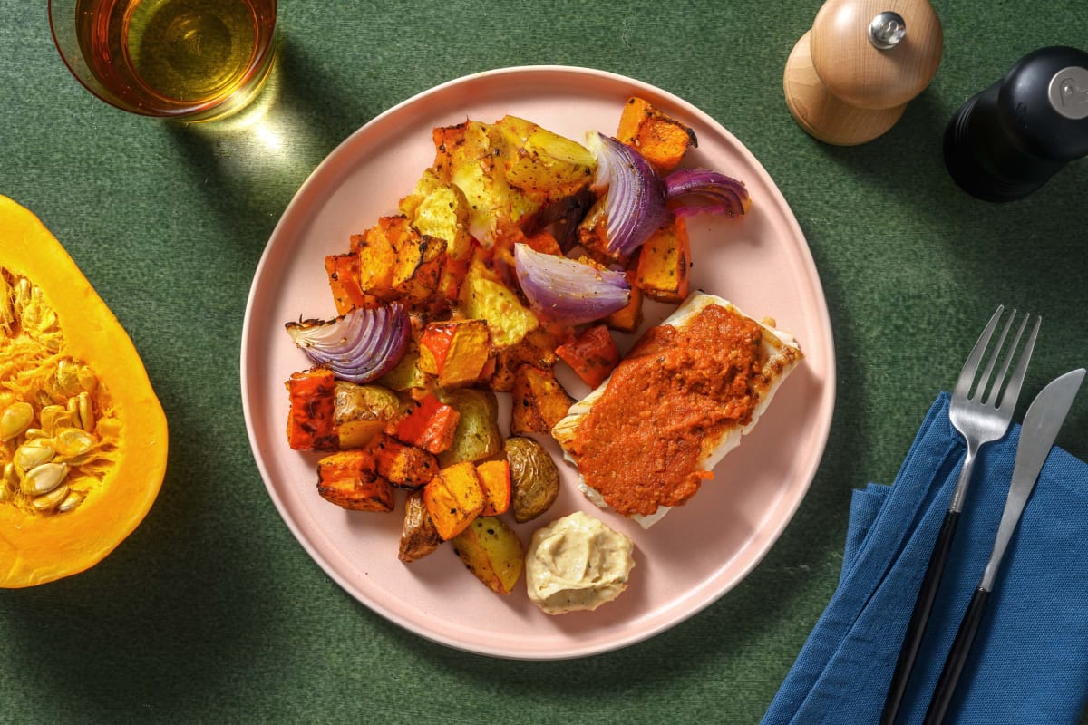 Pompoen traybake met kabeljauw en tapenade