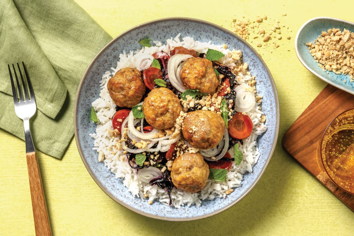 Pork Bun Cha Garlic Rice Bowl with Rainbow Veggies Crushed Peanuts