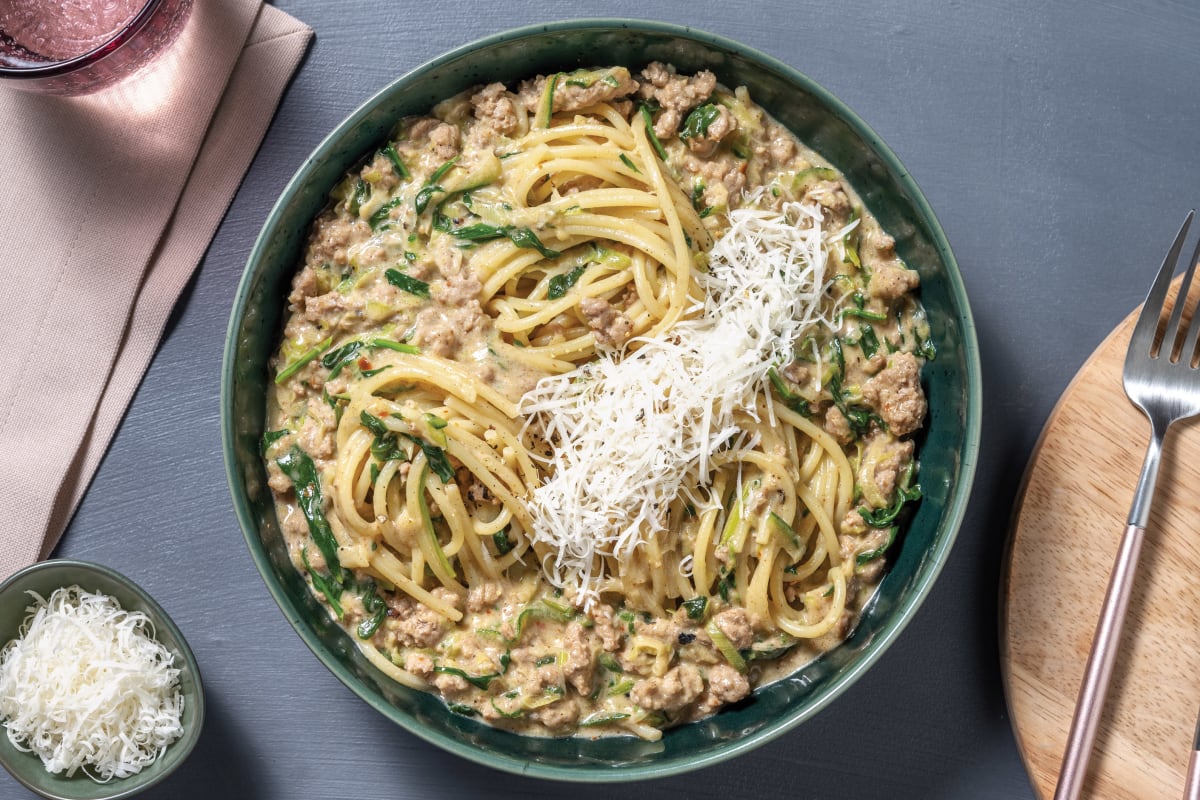 Easy Creamy Pork & Leek Spaghetti