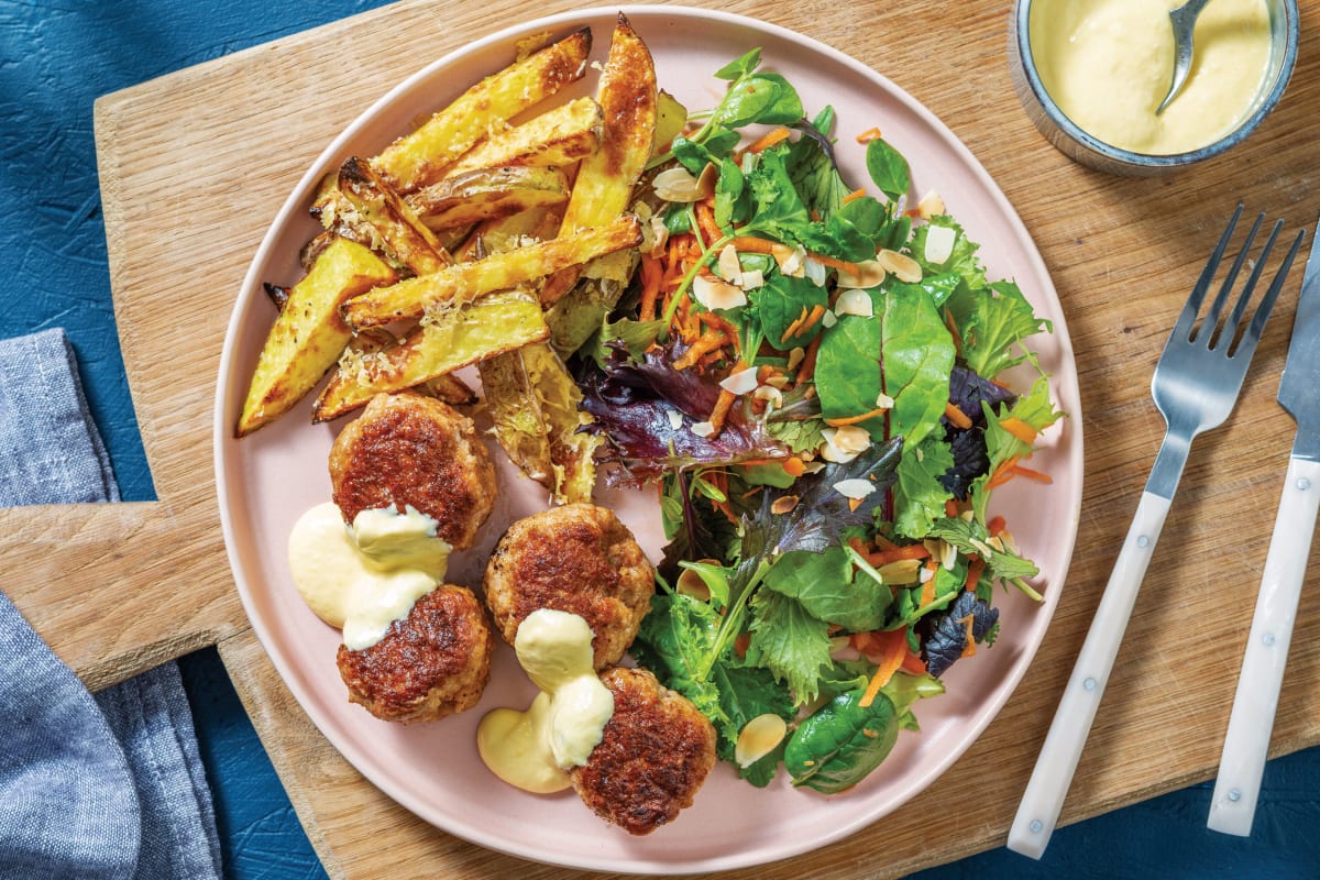 Creole-Spiced Pork Rissoles & Cheesy Fries