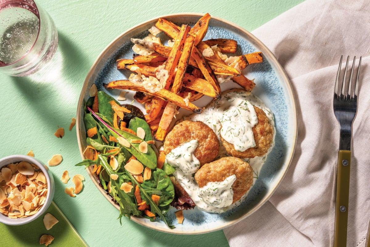 Pork Rissoles & Cheesy Sweet Potato Fries