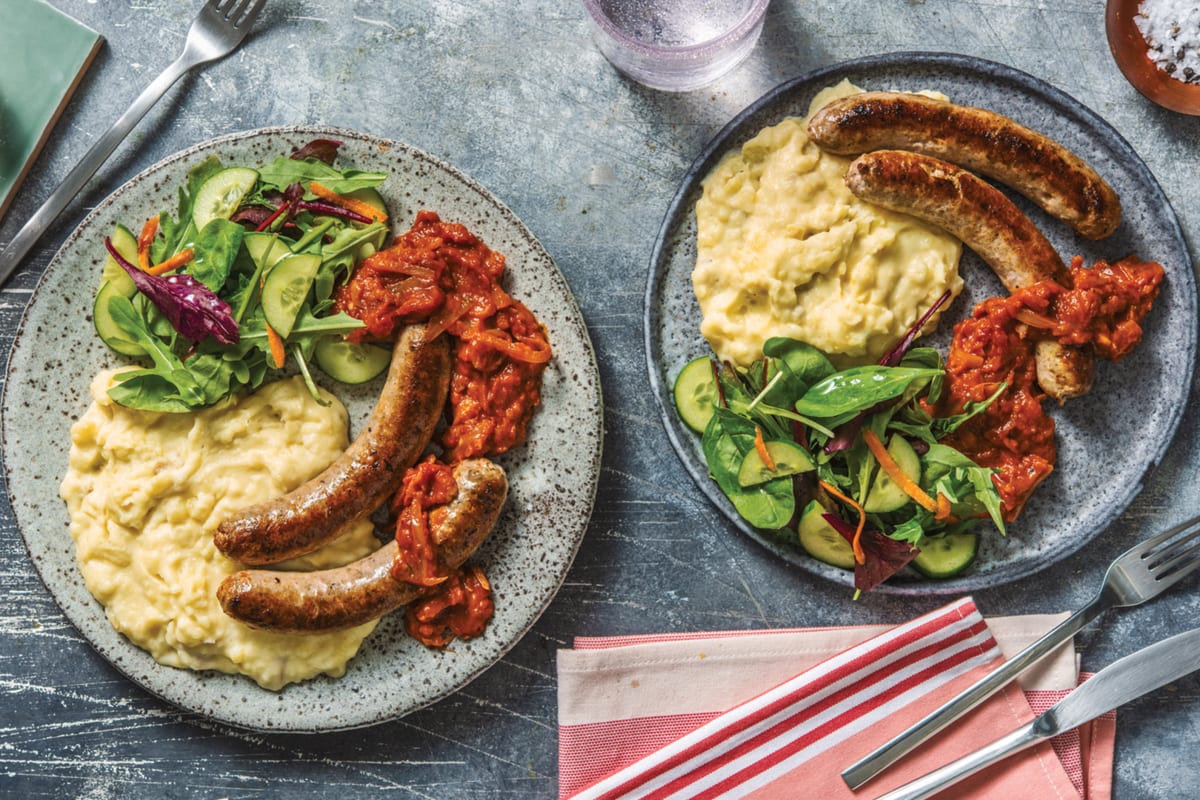 Pork Sausages & BBQ Tomato Relish