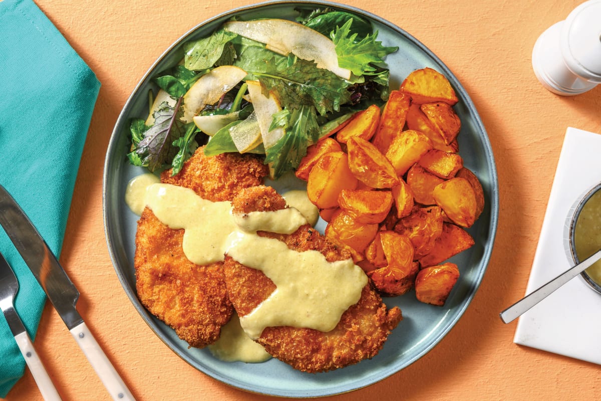 Pork Schnitzel & Cheesy Garlic Sauce