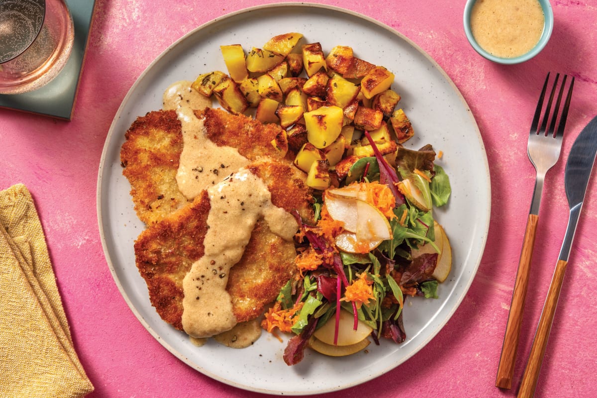 Pork Schnitzel & Cheesy Garlic Sauce