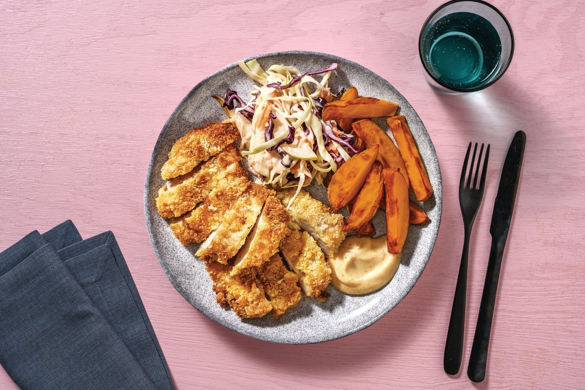 Spiced Pork Schnitzel & Sweet Potato Fries