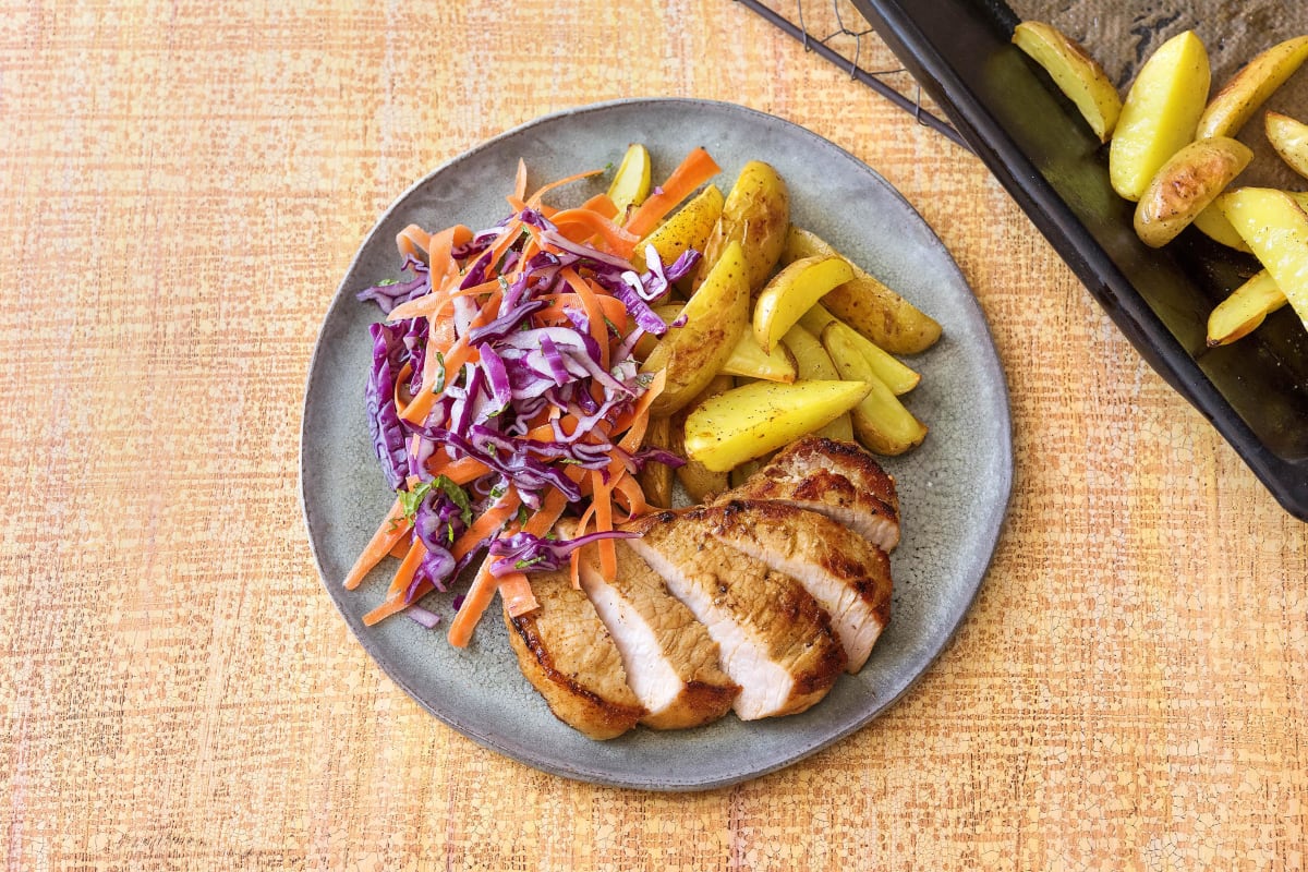 Pork Steak, Potato Wedges & Rainbow Slaw