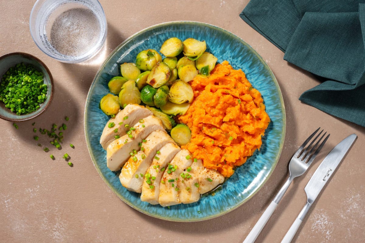 Honey Garlic Chicken with Brussels Sprouts and Sweet Potato Mash