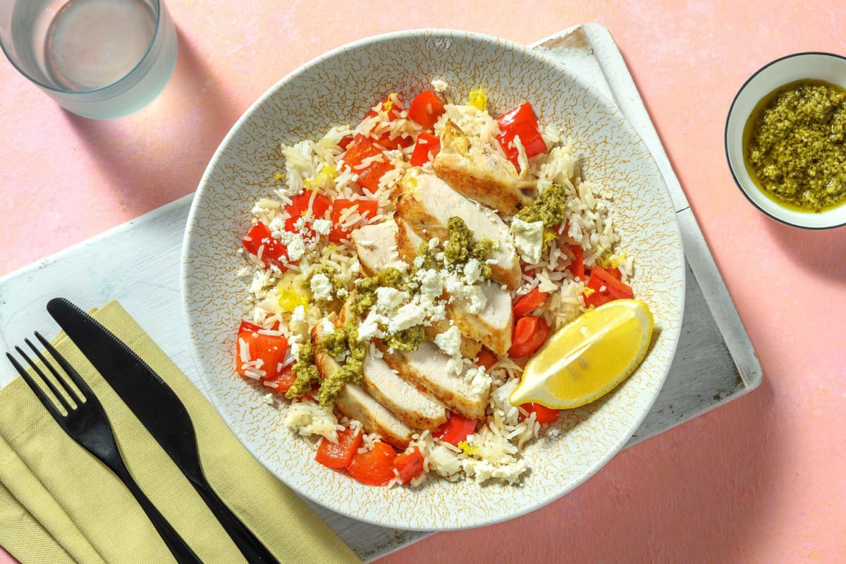 Lemon Pesto Chicken with Sweet Bell Peppers and Basmati Pilaf