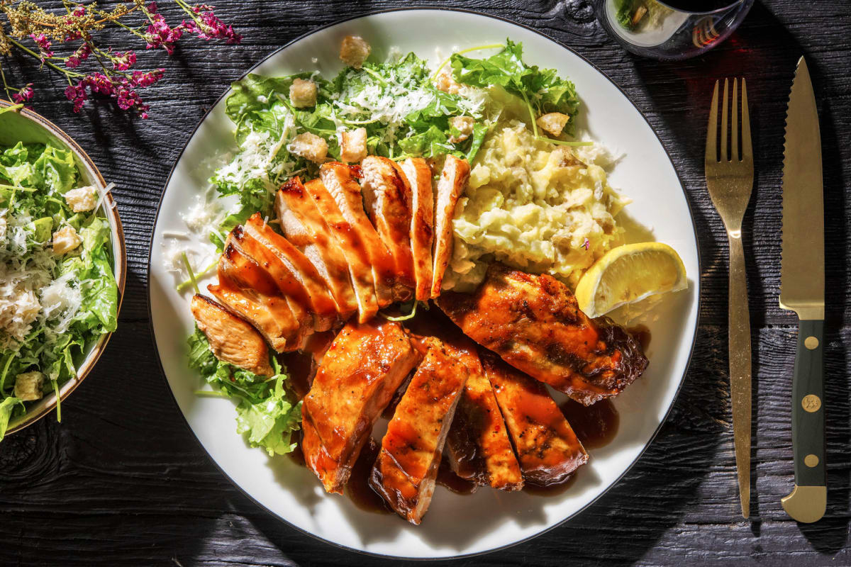 BBQ Ribs and Chicken with Creamy Smashed Potato and Baby Kale Caesar Salad