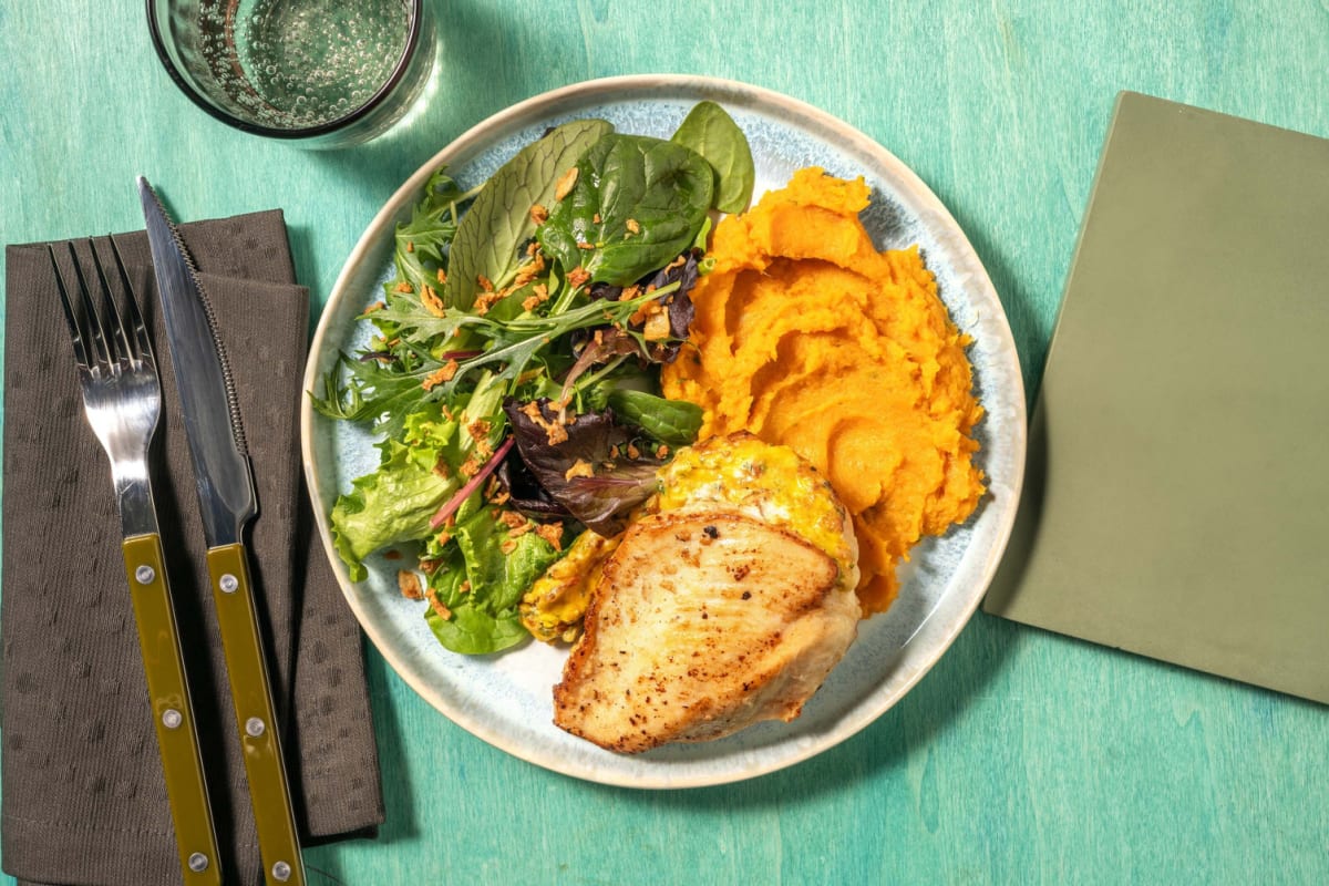 Cheesy Stuffed Chicken and Sweet Potato Mash