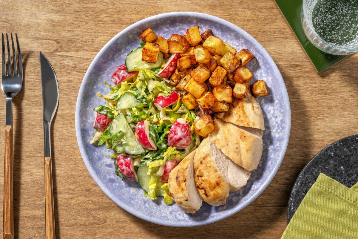 Hähnchenbrust an Salat mit Aprikosen-Curry-Dressing