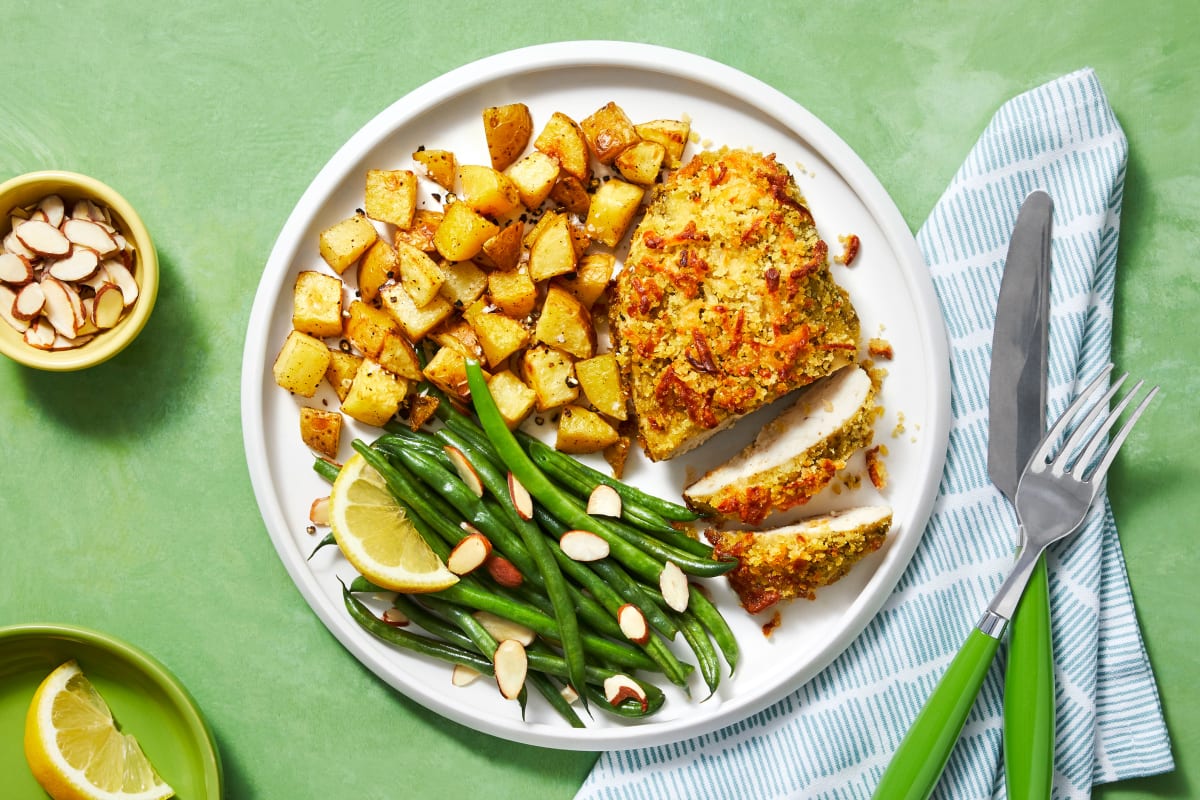 Presto Pesto Panko Chicken with Roasted Potatoes and Green Beans