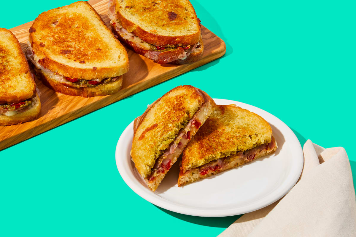 Prosciutto, Pesto & Sun-Dried Tomato Grilled Cheese Sandwiches