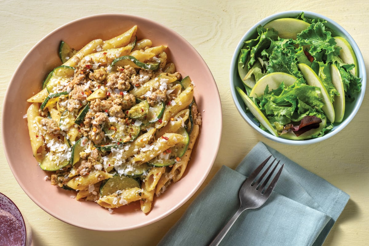 Quick Creamy Pork Basil Pesto Penne with Apple Salad Parmesan