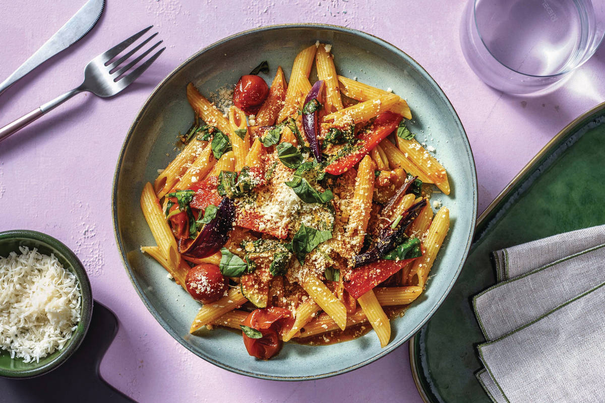Quick Roast Cherry Tomato & Pesto Penne
