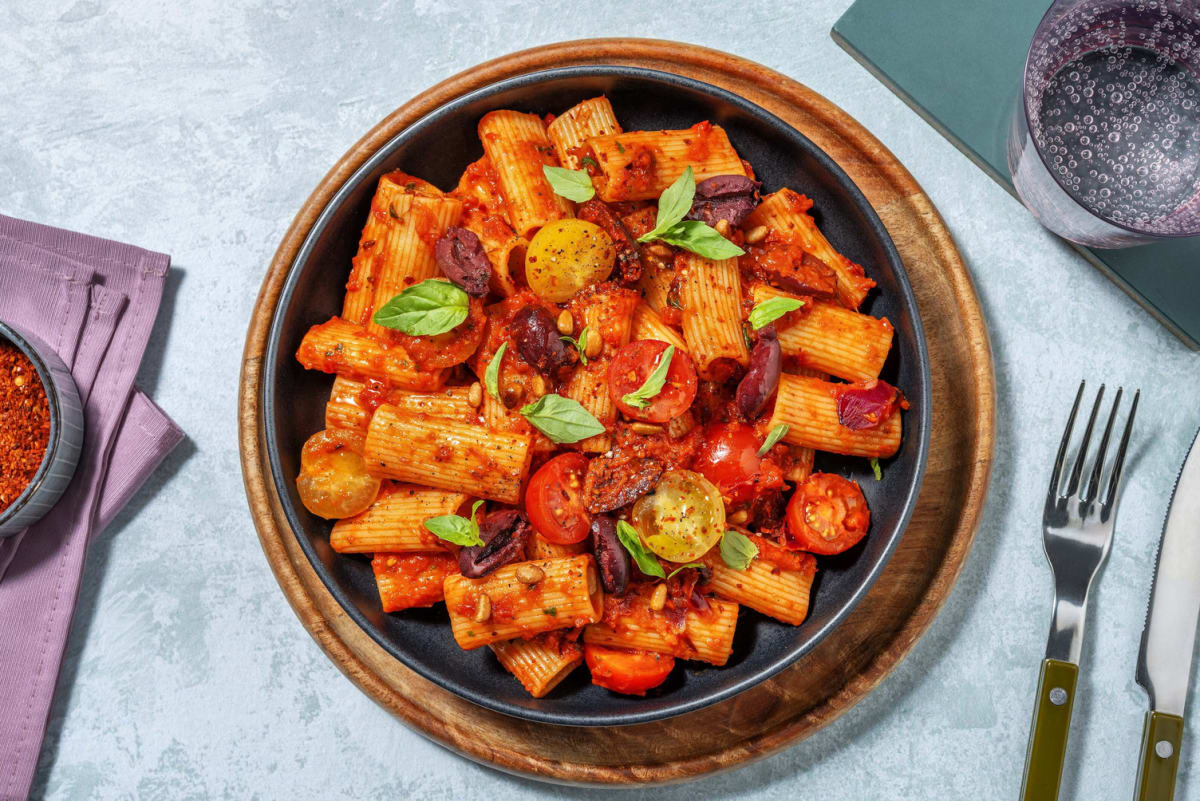 Rigatoni in pikanter Gemüsesoße mit Oliven