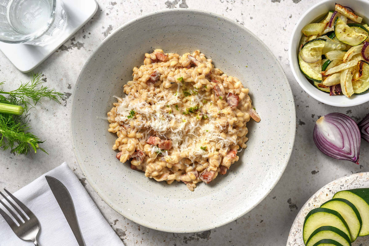 Parelgerstrisotto met spek en geroosterde venkel Recept HelloFresh