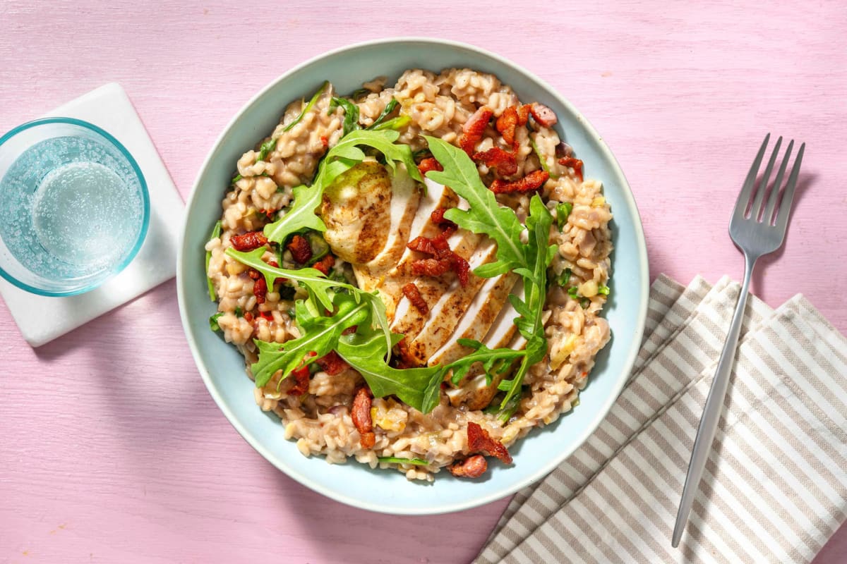 Risotto épicé au poireau et poulet aux fines herbes