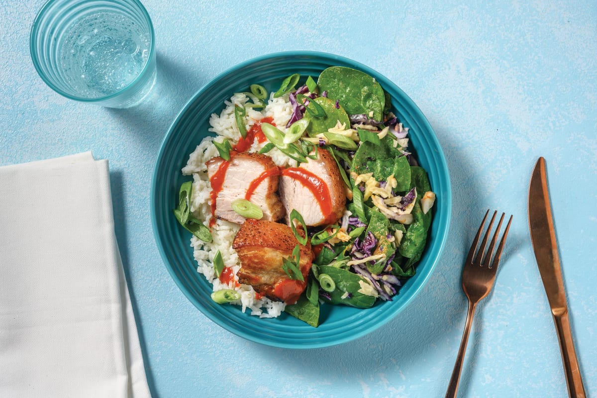 Roast Pork Belly & Creamy Sesame Slaw with Sichuan Garlic Sauce & Butter Rice