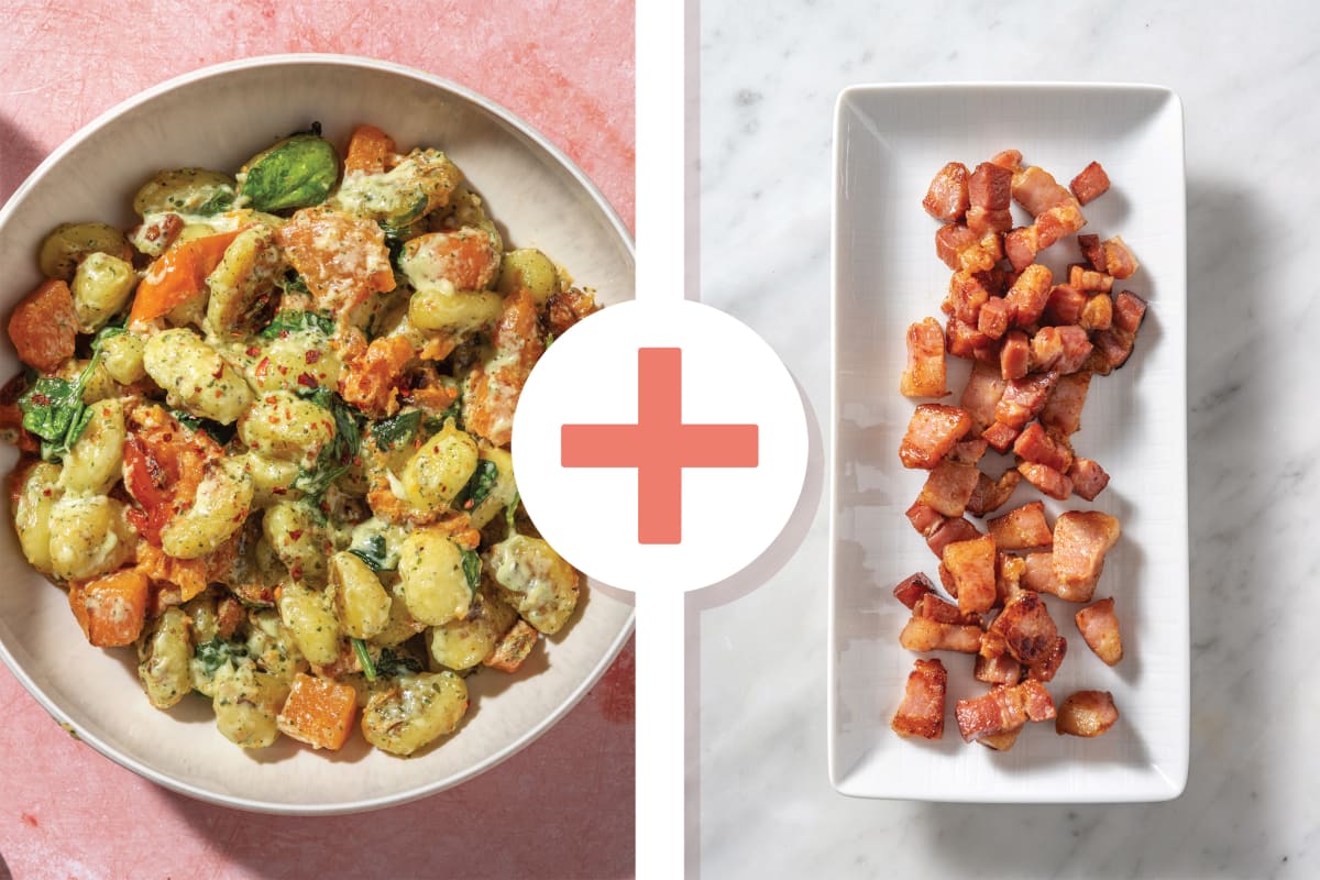 Roast Pumpkin Bacon Creamy Basil Pesto Gnocchi with Spinach