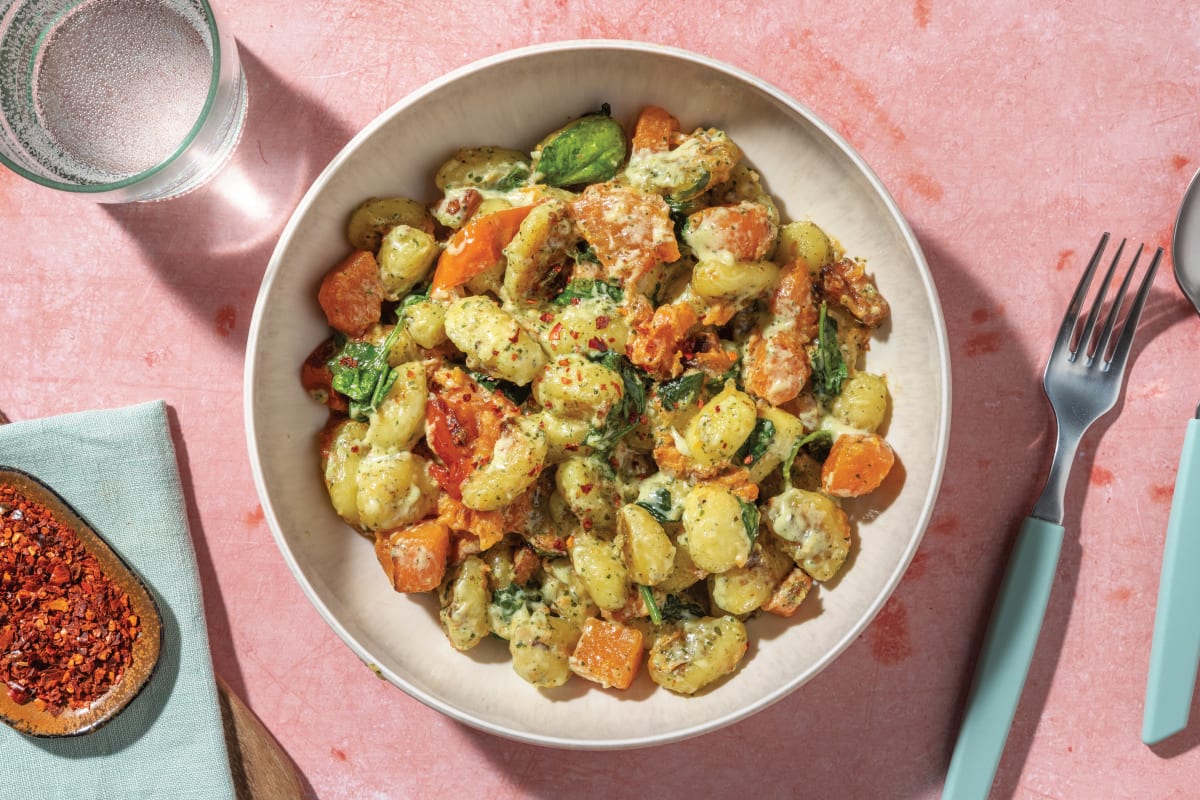 Roast Pumpkin Creamy Basil Pesto Gnocchi with Roasted Tomato Baby Spinach