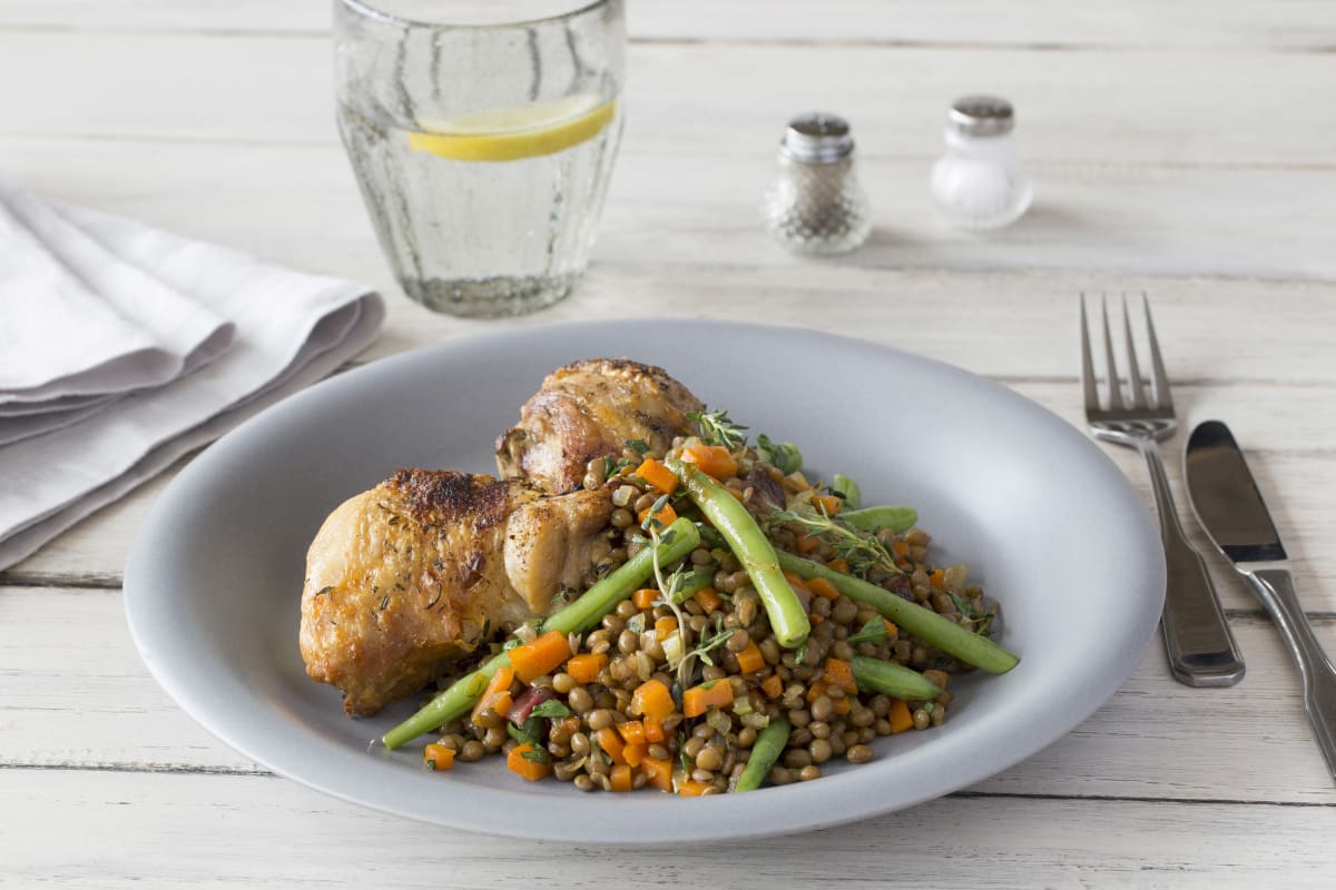 Roasted Chicken with Pancetta and Herbed Lentils