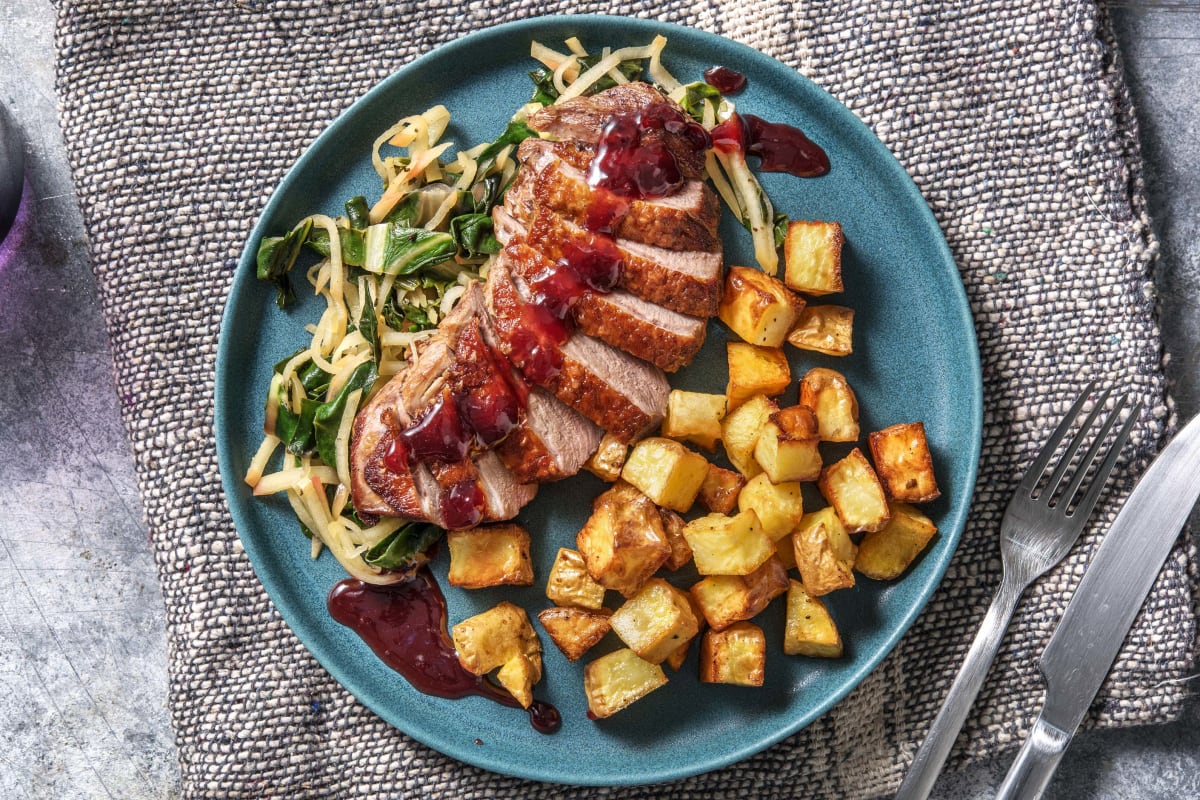 Pan-fried Duck with Garlicky Greens & Apple