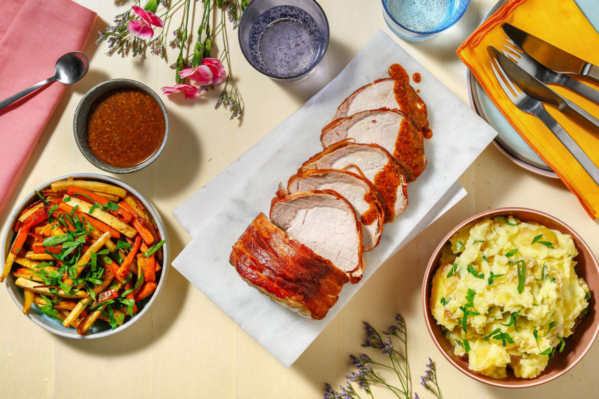 Bacon-Wrapped Pork Roast and Honey-Mustard Gravy