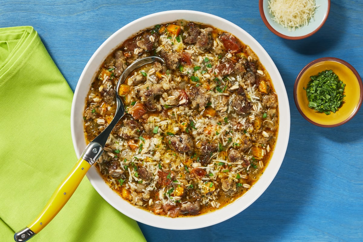 Rustic Farro & Pork Sausage Soup