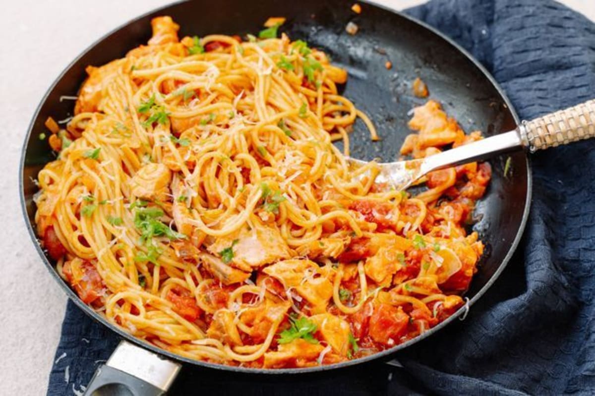Salmon and Penne Pasta in a Garlicy Tomato Sauce