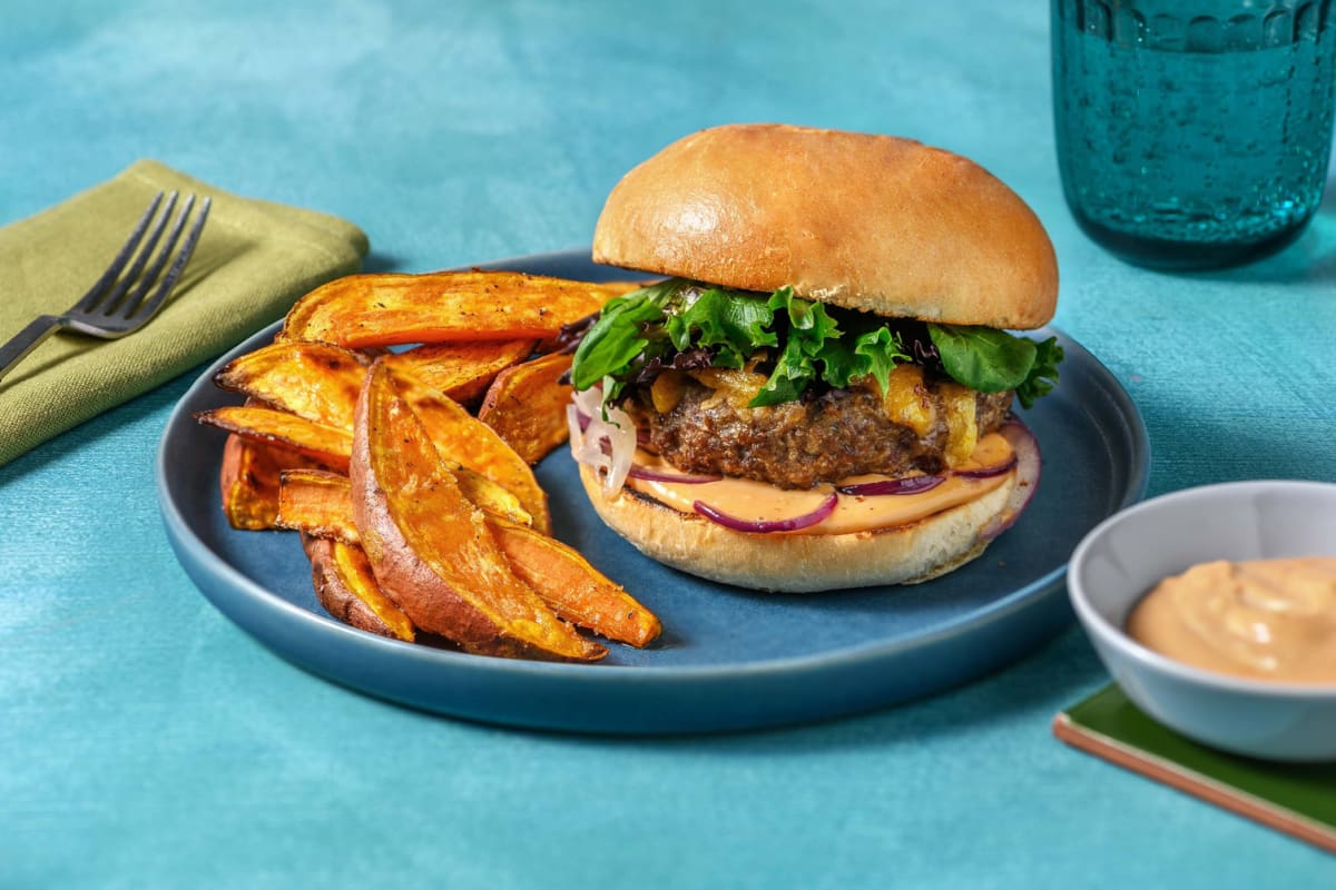 Saucy Beyond Meat® Cheeseburgers and Fried Onions