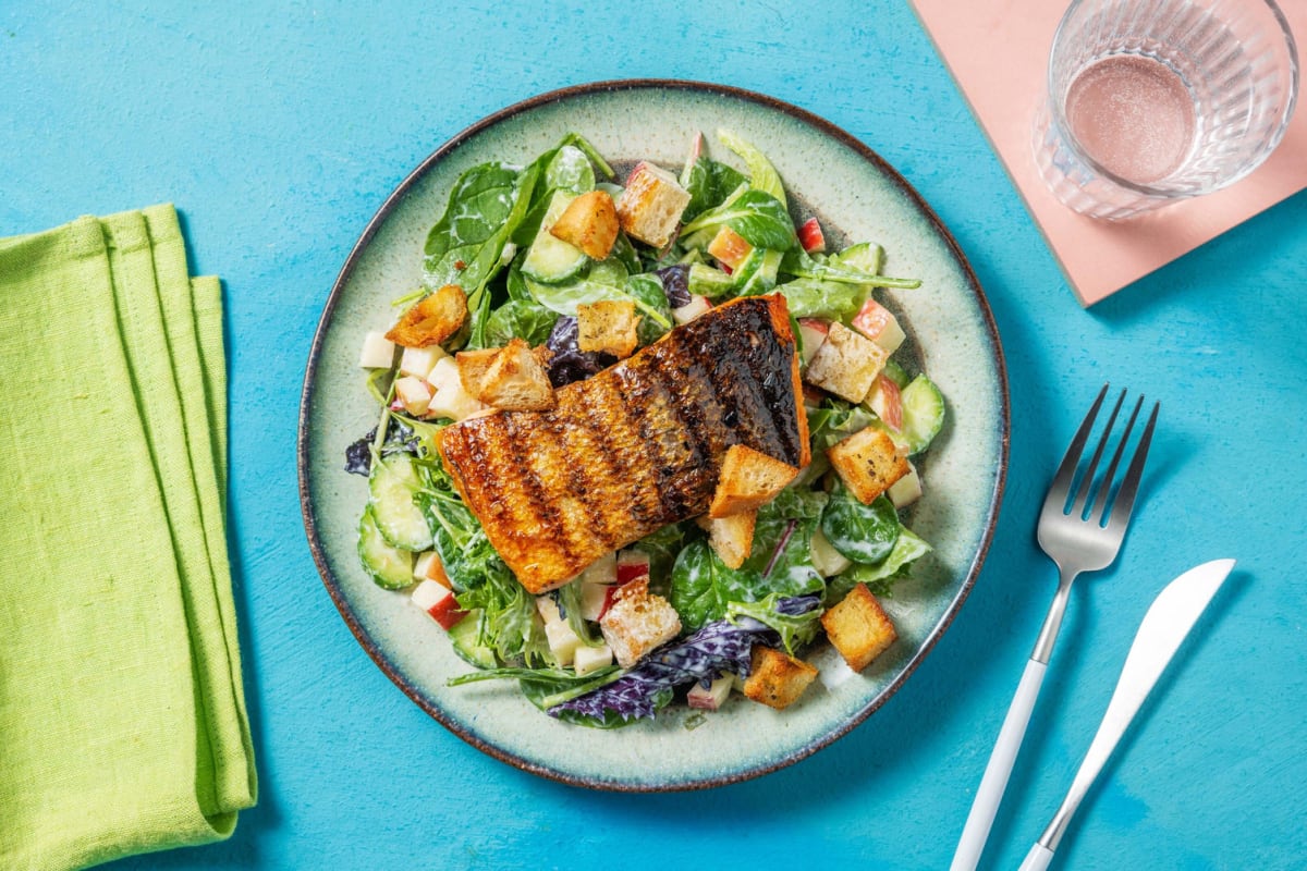 Grilled Salmon, Cucumber and Apple Salad