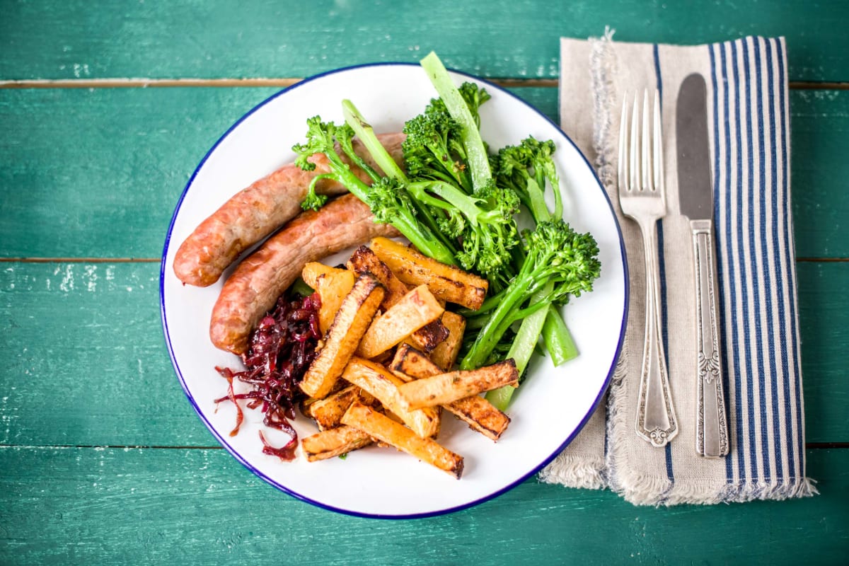 Sausages with Parmesan Swede Wedges