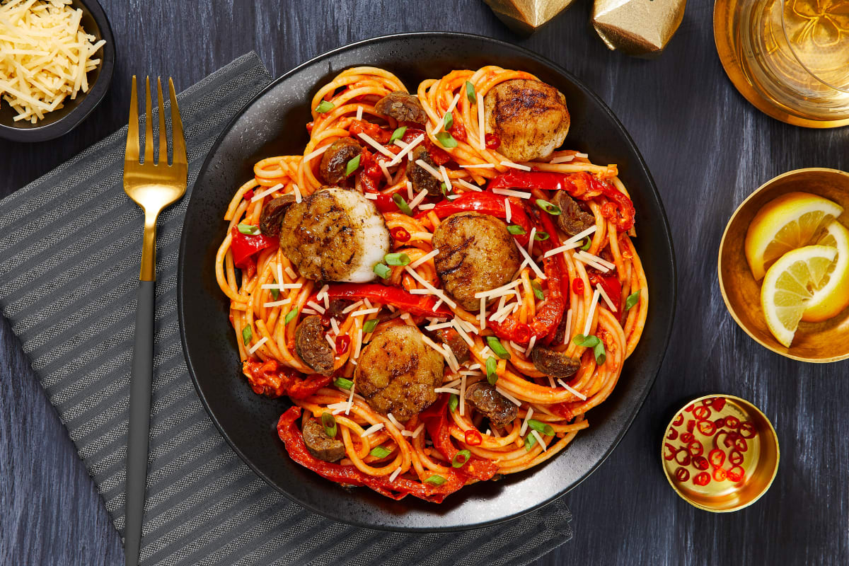 Scallops over Creamy Chorizo Spaghetti