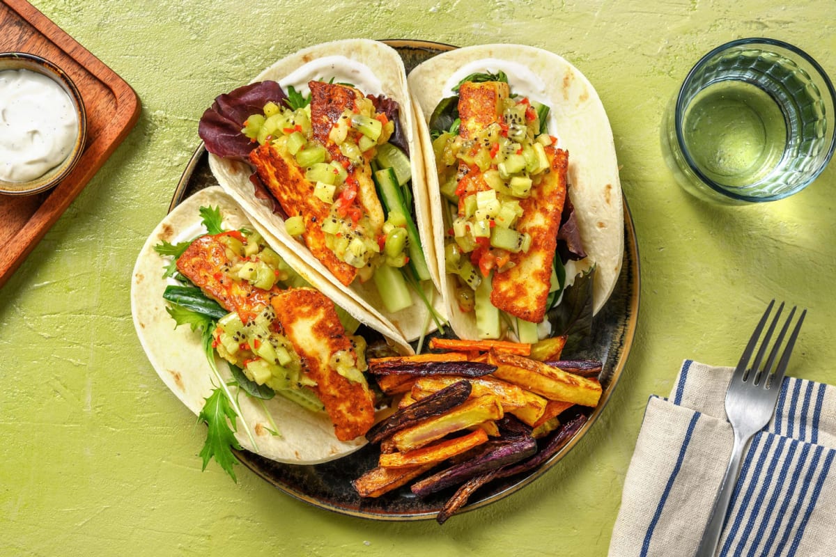 Scharfe Piri-Piri-Halloumi-Tacos mit Kiwi-Salsa