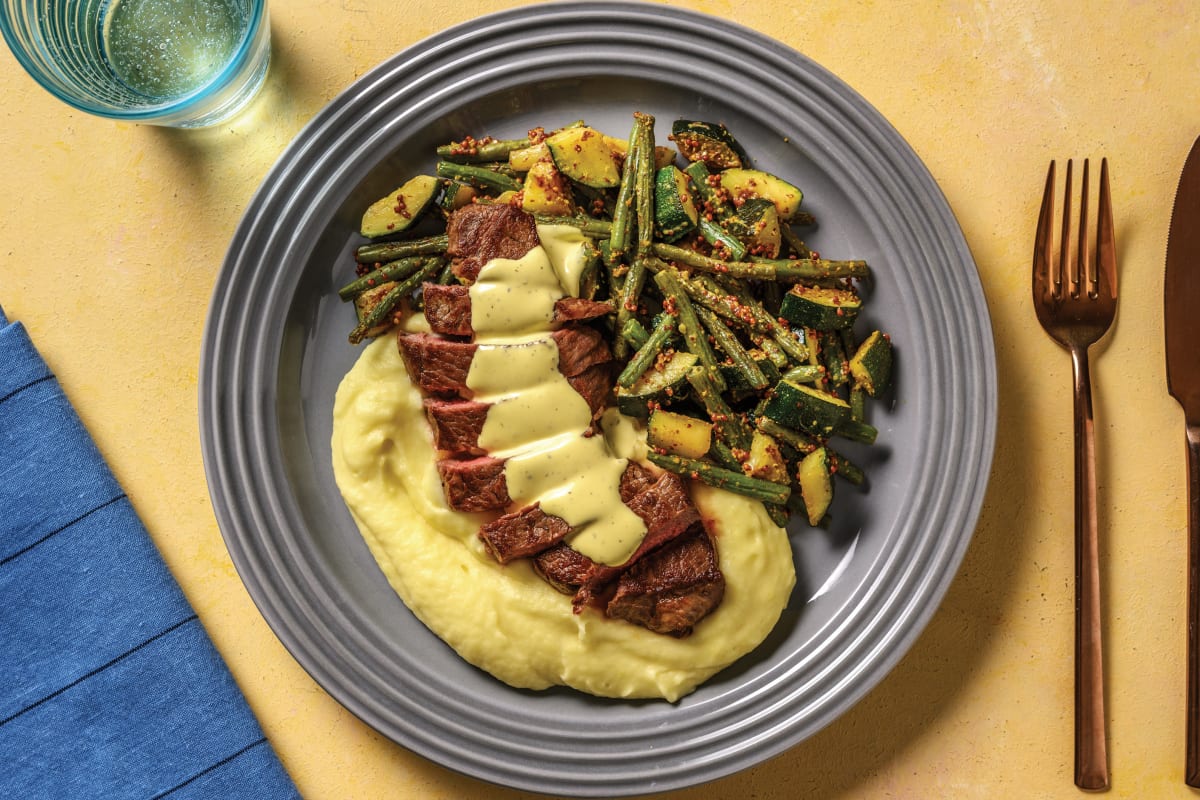 Seared Steak & Béarnaise with Mash & Mustardy Greens