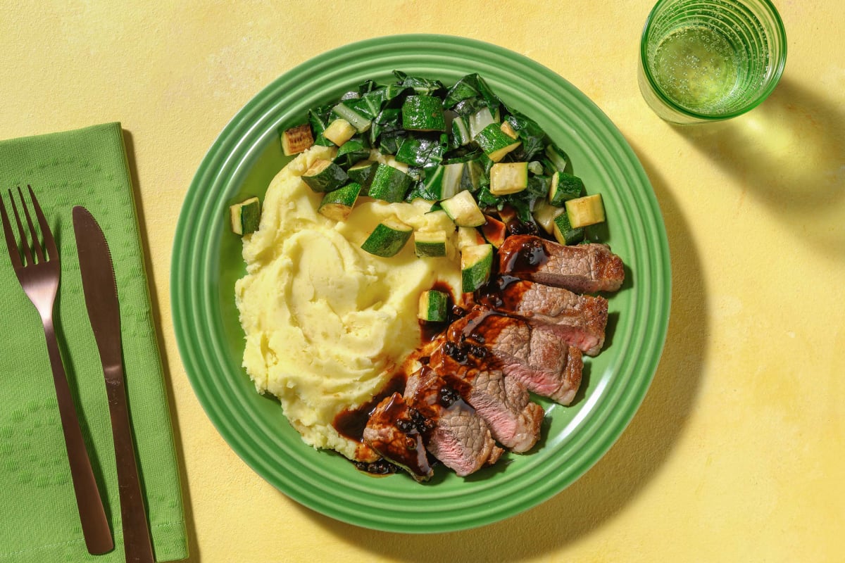 Seared Beef Rump & Peppercorn Sauce with Mash & Greens