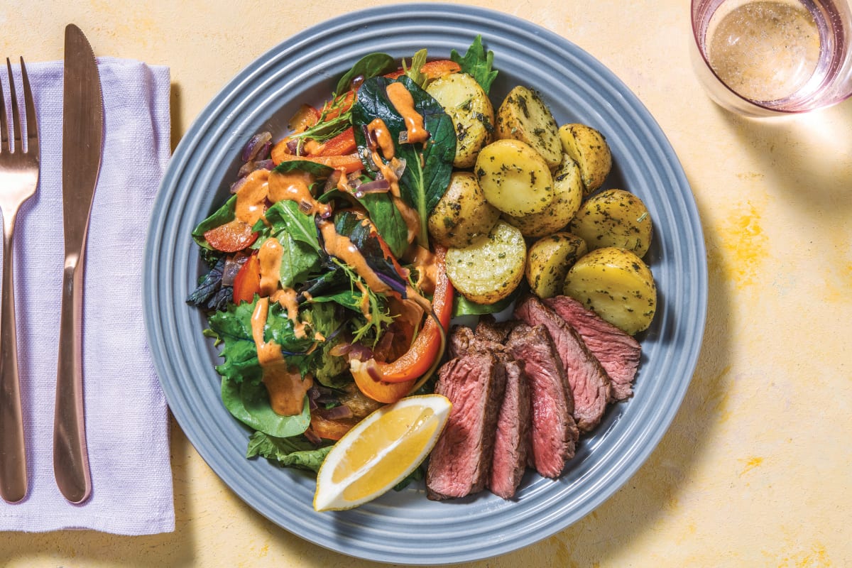 Seared Rump Steak with Potatoes & Mexican Salad