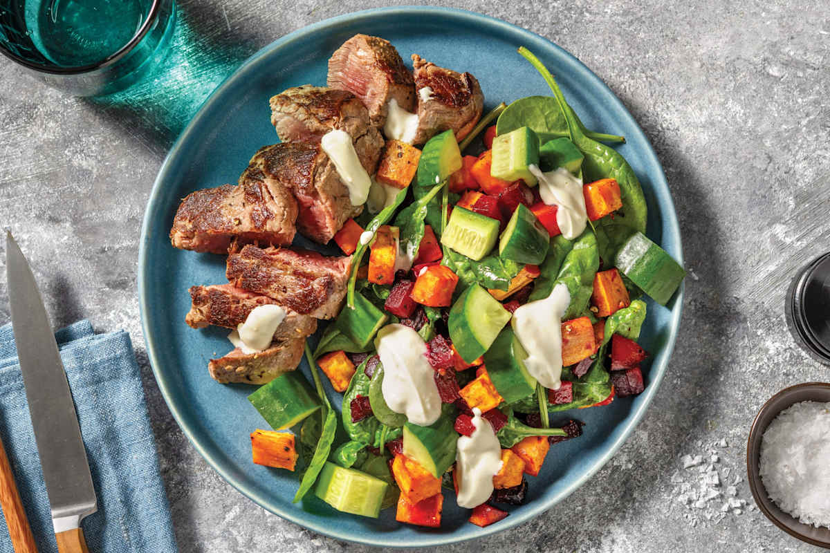 Seared Steak, Prawns & Roasted Kūmara Toss