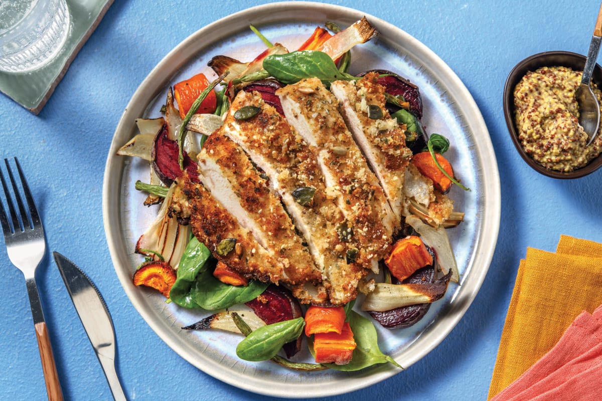 Seed-Crusted Chicken & Roast Veggie Toss