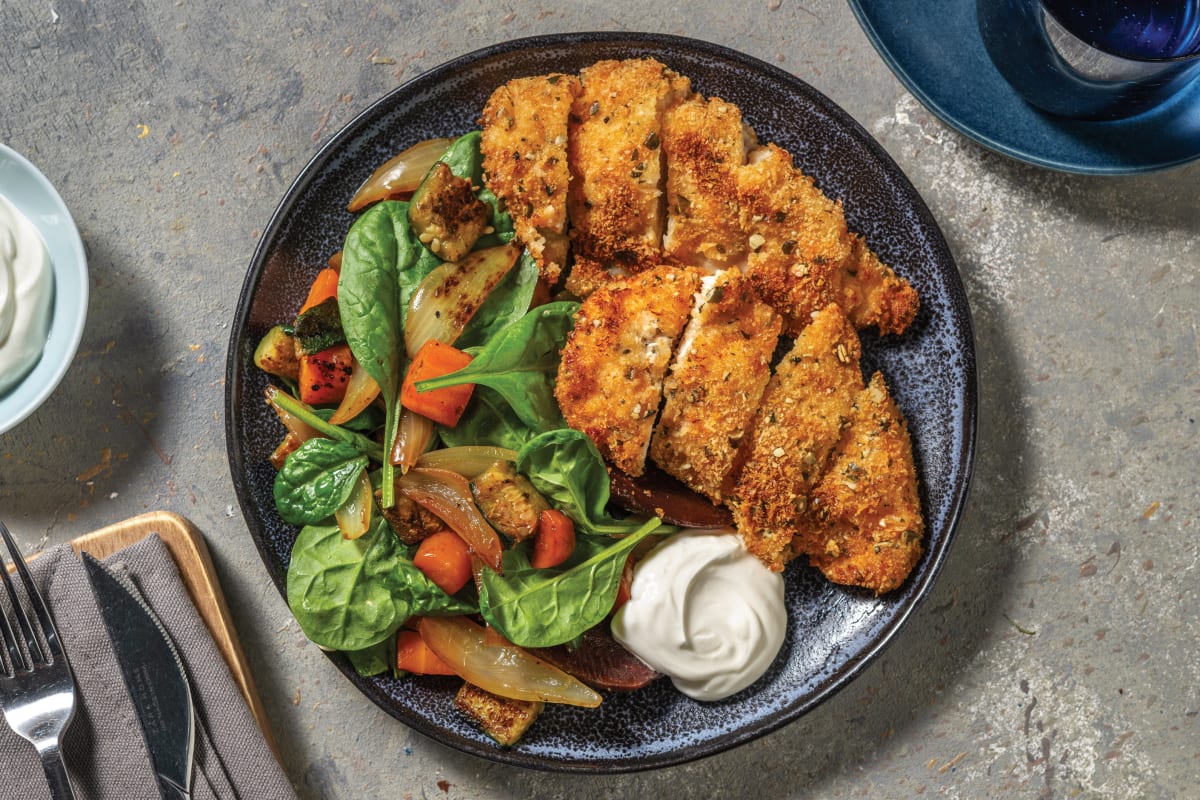 Seed-Crusted Chicken & Roast Veggie Toss