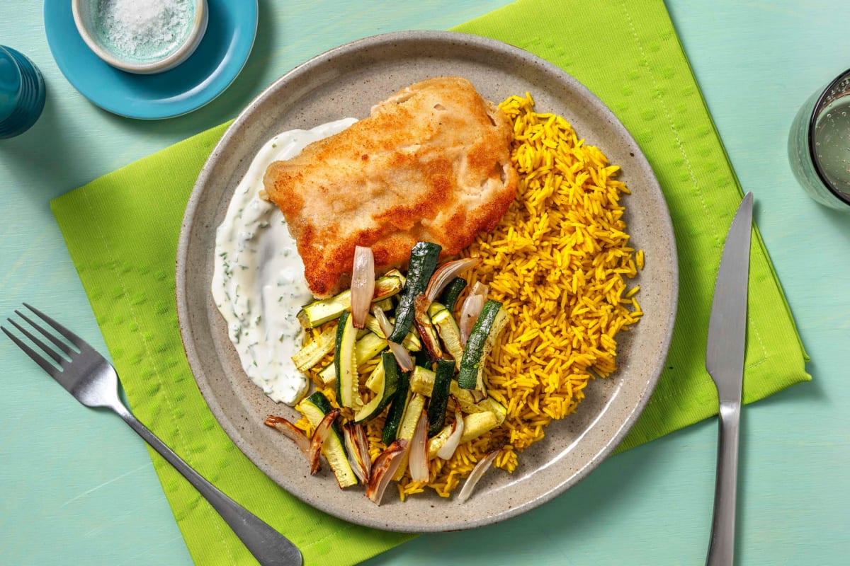Seelachs-Schnitzel mit gelbem Curryreis
