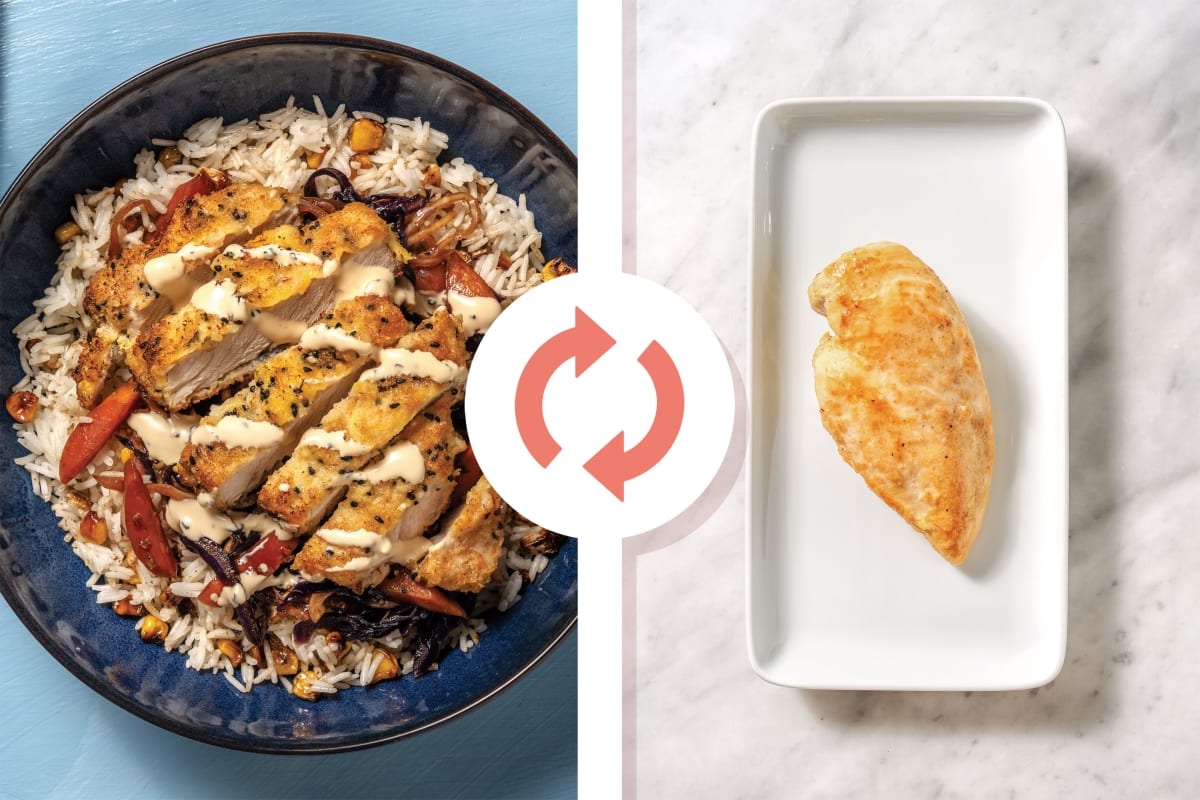 Sesame Chicken Schnitzel & Corn-Studded Rice