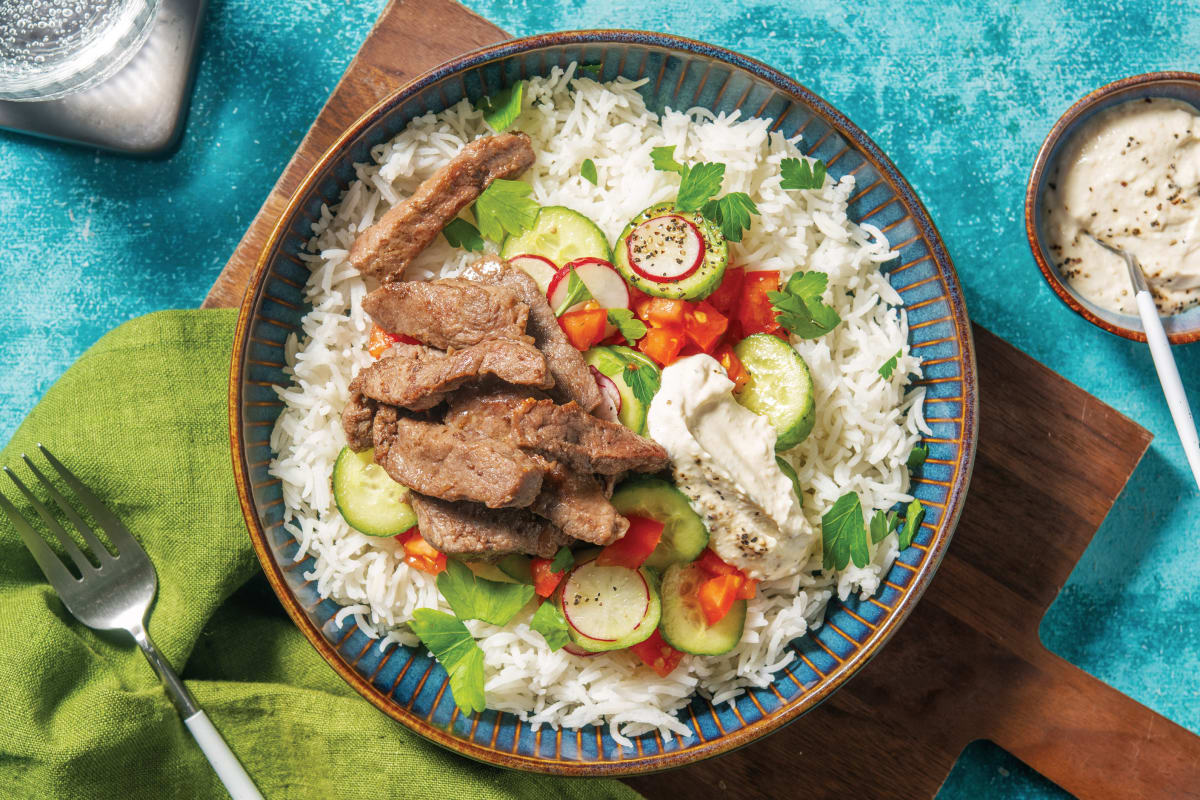 Shawarma-Style Beef & Garlic Rice Bowl