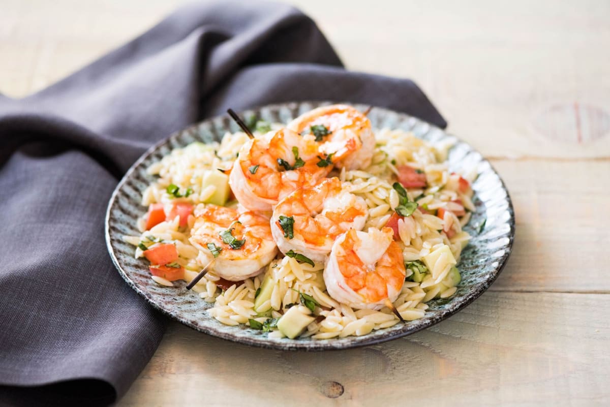 Lemon Basil Shrimp Skewers with Orzo Avocado Salad