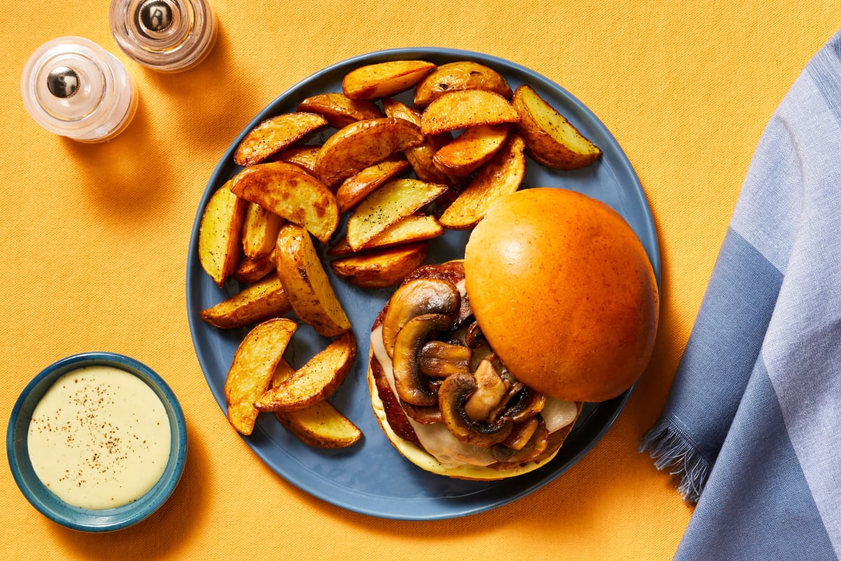 Shroom ’n’ Swiss Pork Burgers