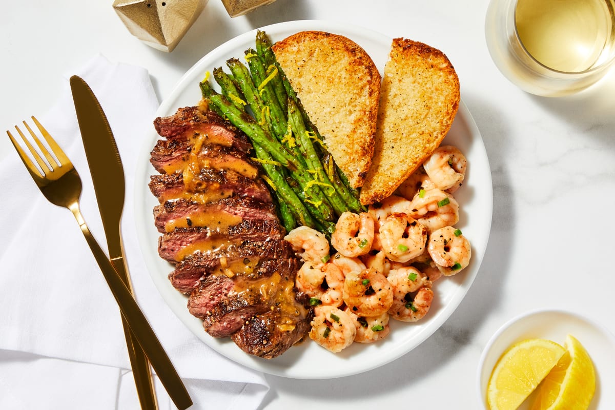 Sirloin au Poivre & Garlic Herb Shrimp