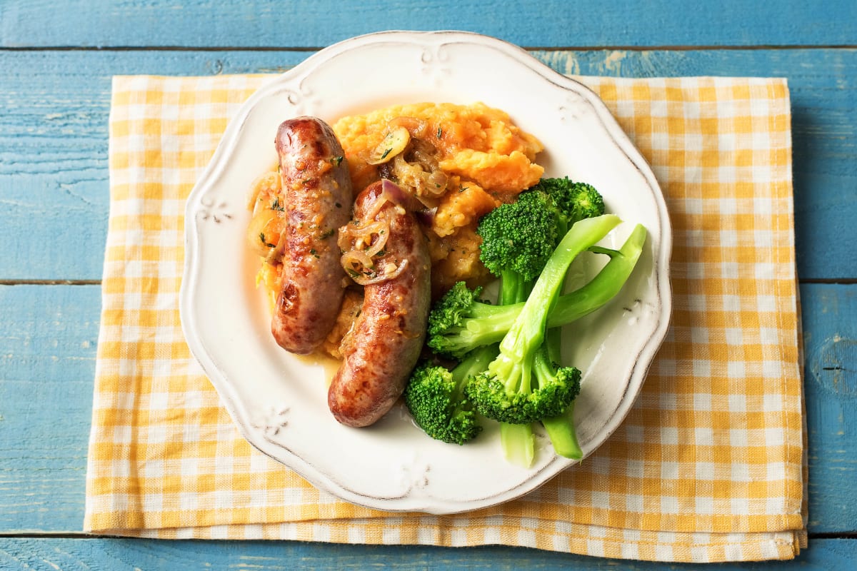 Sizzling Honey Mustard Sausages with Sweet Potato Mash